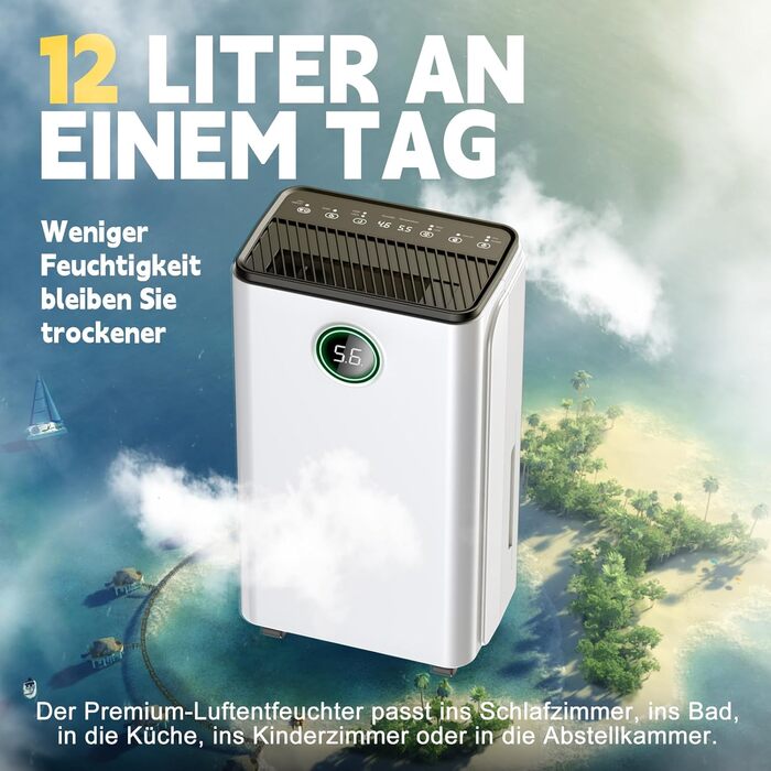 12L/Day Dehumidifier, Auto Dehumidification, 24H Timer On/Off, Continuous Drainage, Powerful Room Dehumidifier with LED Display and Control, Against Moisture