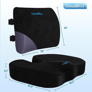 Подушка для сидіння CloudBliss: для офісного крісла, авто, з підтримкою попереку, з піни Memory Foam, для куприка та при ішіасі, чорна X-Large