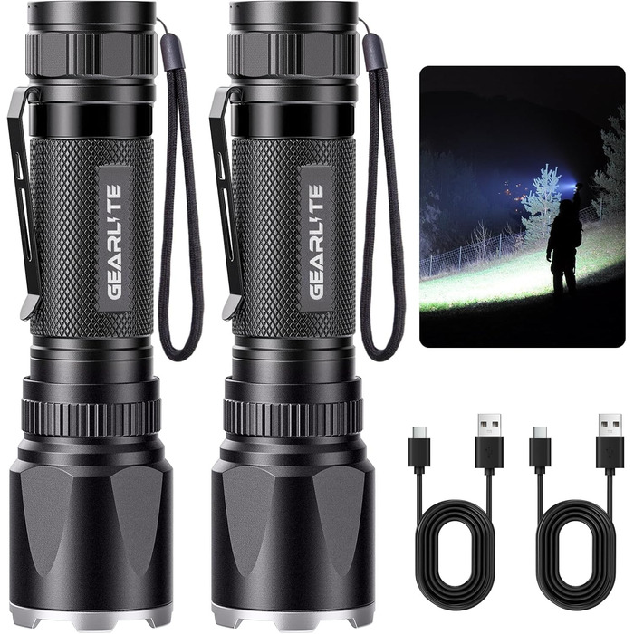 Тактичний ліхтарик GEARLITE 2 шт. - LED, 3000 люмен, Zoom, 3 режими, водонепроникний IP65, для кемпінгу, риболовлі, тактики