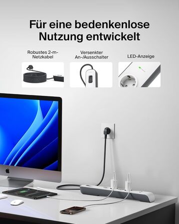 Мережевий фільтр Belkin з захистом від перенапруги та USB-портами, 8 розеток, 2 USB-A, 2.4A, кабель 2м, для дому та офісу