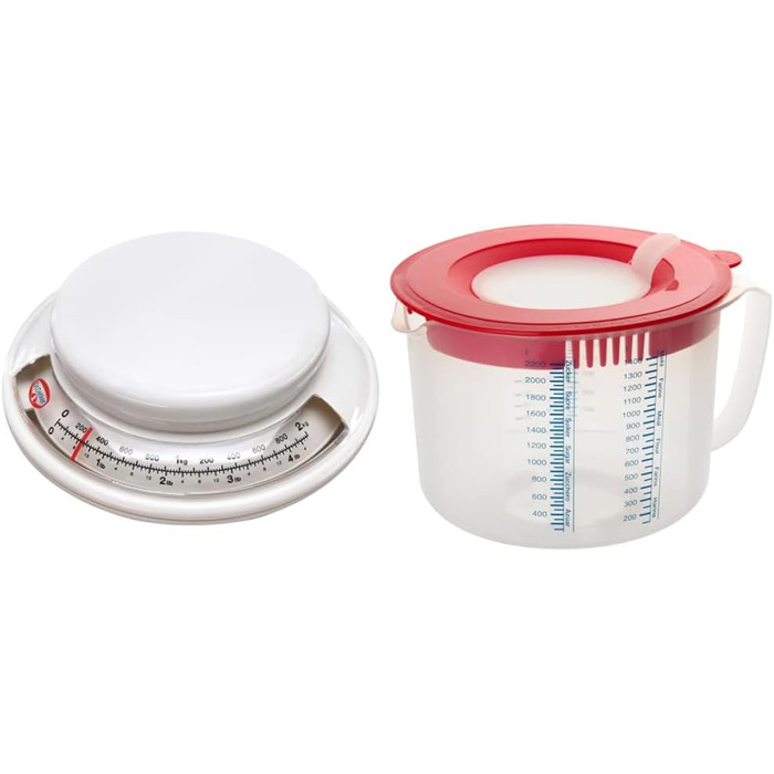 Dr. Oetker 1531 Baking Scale Ø 17 cm, analog kitchen scale (color: white) & measuring and mixing jug 2.2 L, measuring jug with different measuring scales (color: Red/Transparent), quantity: 1 piece