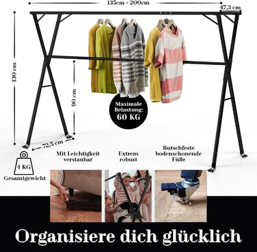 Clothes Rack / Laundry Rack + Bag Moritz [Extendable 1.30-2.0m, foldable, very stable stainless steel] Clothes Rail, Coat Rack, Entrance Hall Wardrobe, Open Wardrobe (Black, with hooks / with bag / with wheels)