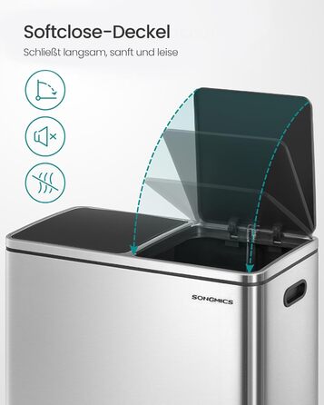 Сміттєвий бак SONGMICS подвійний, 80л, педальний, для кухні, металевий, з пластиковим відром, закривається щільно, чорний/срібний (LTB60BK)