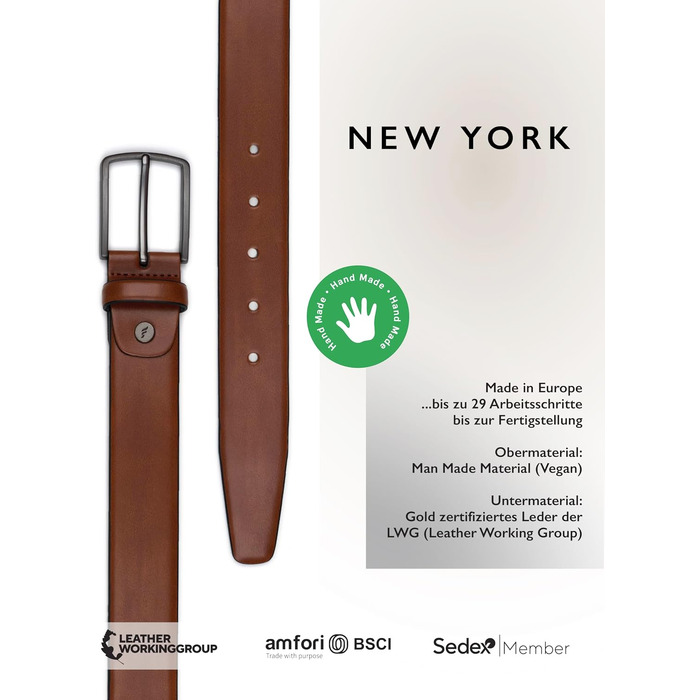 Шкіряний чоловічий ремінь FENIX NEW YORK Desert Cognac (80 см), ширина 35 мм, регульований ремінь для костюма та джинсів, гіпоалергенна пряжка