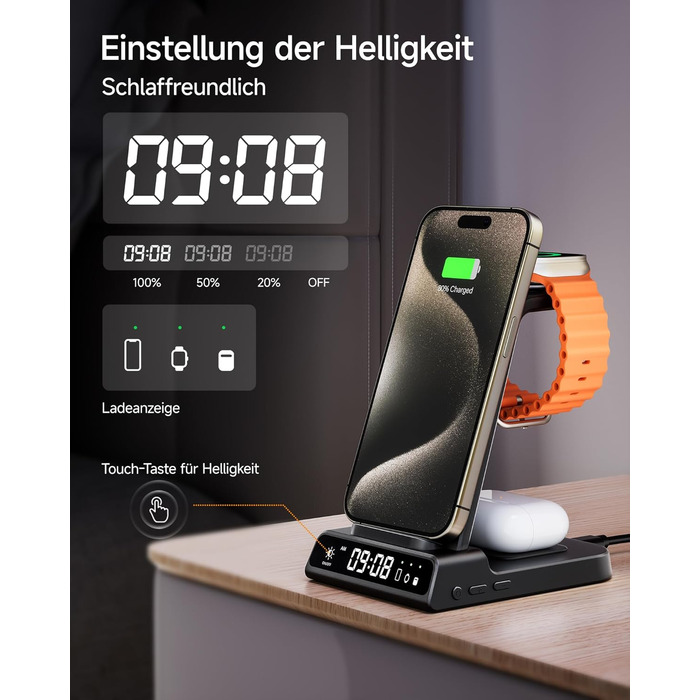 Бездротова зарядна станція 3-в-1 для Apple iPhone 16/15/14/13/12 Pro/Plus, Apple Watch Ultra 2/9/8/7/6/5, AirPods Pro/4/3/2 – Чорна