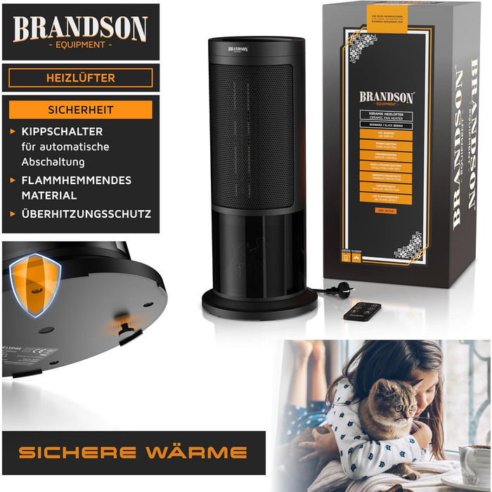 Електричний обігрівач Brandson з ефектом каміна: тихий, енергоефективний, з дистанційним керуванням, таймером, для ванної, вітальні, офісу, дитячої кімнати (чорний)