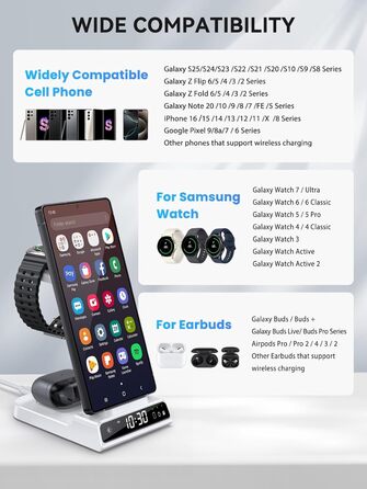Бездротовий зарядний пристрій 3-в-1 для Samsung Galaxy S25 Ultra, Watch 8/7/Ultra, Buds, з цифровим годинником