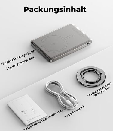 Power Bank KU XIU Magsafe 5000mAh: Тонкий, з підтримкою MagSafe, з кільцем для кріплення, PD 20W, для iPhone 17/16/15/14/13/12 (Титан)