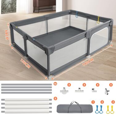 Манеж для дітей IBVIVIC 150x180 см, дитяча огорожа з дихаючої тканини Oxford 300D, протиковзка основа, темно-сірий, для малюків та немовлят