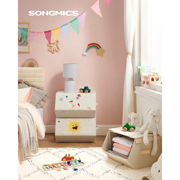 Набір коробок для зберігання SONGMICS 3 шт, складані дитячі контейнери з кришкою, 38x35x25 см, для іграшок, дитячої кімнати, космічний дизайн, бежеві