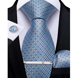 Набір краваток чоловічий DiBanGu з шовковим смугастим та клітинчастим візерунком, з нагрудним хустиною, запонками та краваткозажимом для весілля та офіційних заходів, світло-блакитний