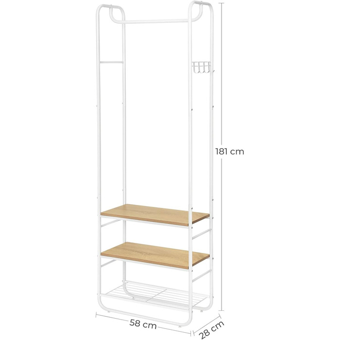 VASAGLE Coat Rack, Coat Stand, Clothes Rail, with Shoe Storage, Shoe Shelf, Entryway, Bedroom, 58 x 28 x 181 cm, Scandinavian, Matte White-Gold Oak