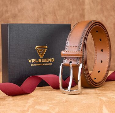 Чоловічий шкіряний ремінь VRLEGEND 35 мм для бізнесу та офіційних заходів, ремінь до костюма, з подарунковою коробкою (колір коричневий, розмір 120 см/140 см)
