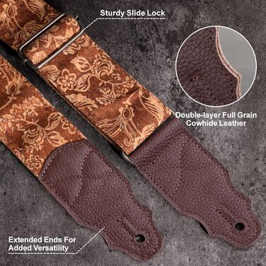 Гітарний ремінь з натуральної шкіри (2 дюйми) для акустичної, бас та електрогітари. Регулюється від 96 до 163 см. М'яка обробка деревини, коричнева квітка.