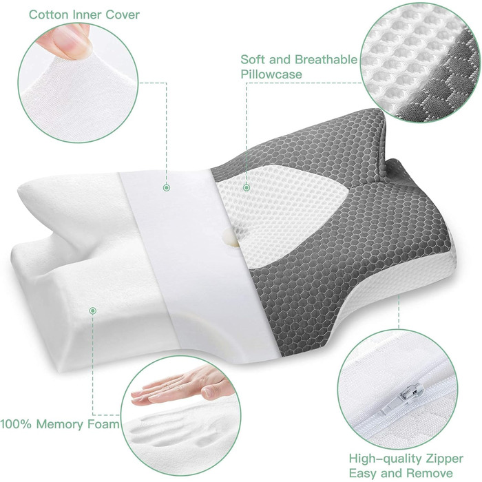 Elviros Orthopedic Memory Foam Pillow, Side Sleeper Pillow, Neck Support Pillow, Head Pillow for Neck Pain, Ergonomic Sleep Pillow for Neck and Shoulder Pain, 53.8 x 11/9 x 33 cm Dark Grey 54 x 11/9 x 33 cm