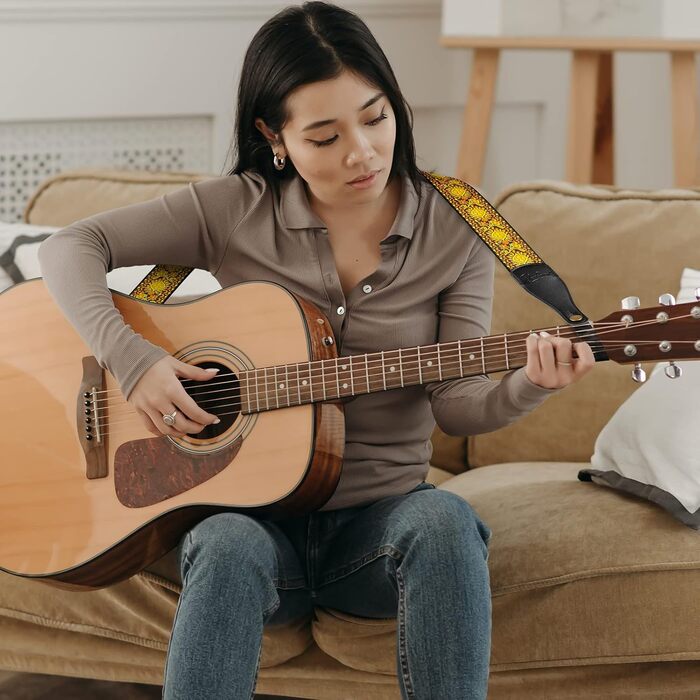 Гітарний ремінь Jacquard з бавовни з шкіряними кінцями для бас-гітари, акустичної та електрогітари, жовтий