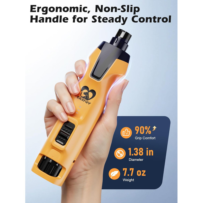 Електричний точилка для собачих кігтів Casfuy 6-Gang з потужним мотором 4.8V, тиха, з LED-підсвіткою та збирачем пилу. Ідеальний інструмент для догляду за домашніми тваринами.