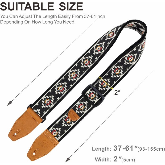 Гітарний ремінь 5,1 см з бавовняного друку, квітковий принт, з повнозернової шкіри, для бас-гітари, електрогітари та акустичної гітари, безкоштовна кнопка для ремінця, фіксатори ремінця та медіатори. Жовті ромашки (Чорний діамант)