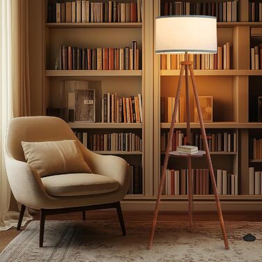 Стельова лампа з полицею, пульт дистанційного керування, 3 колірні температури, тринога, для вітальні, спальні, офісу (горіх), бежевий абажур