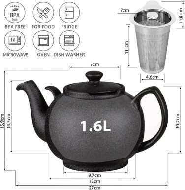Керамічний чайник Urban Lifestyle LIVERPOOL з ситом із нержавіючої сталі, 1.1 л, чорний
