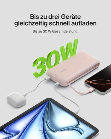 Повербанк Belkin Portable Powerbank 20000 mAh з вбудованим кабелем USB-C, швидка зарядка PD 30W для iPhone 16, iPad Pro, Samsung Galaxy S25, рожевий