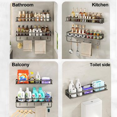 Поличка для душу Devesanter без свердління, 2 шт. - органайзер для ванної кімнати з тримачем для рушників та 6 гачками (60 см, сірий)