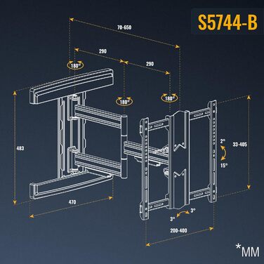 Настінне кріплення для телевізора RICOO 40-75 дюймів поворотне, VESA 400x400, до 50 кг, для LED, OLED, LCD