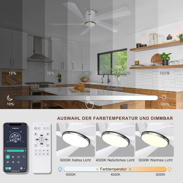 Deckenventilлятор Ohniyou 132 см (52 дюйми) з освітленням, пультом ДУ та керуванням через додаток, регульована яскравість, тихий DC-двигун, для спальні, вітальні, тераси (білий)