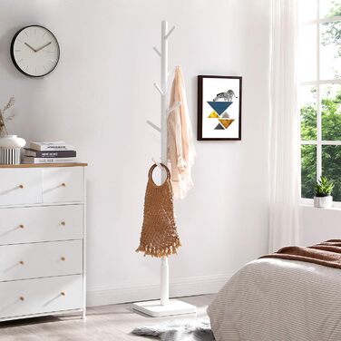 VASAGLE Coat Rack, Clothes Rack Solid Wood, Tree Shape Jacket Stand, 8 Hooks for Jackets, Hats, for Entryway, Hooks and Hold Bar Made of Rubber Wood, Cloud White RCR010W02