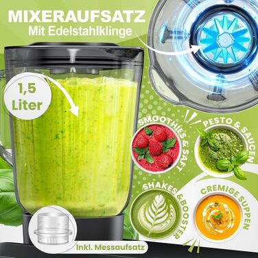 Кухонна машина KESSER 3в1 з м'ясорубкою та блендером, планетарний міксер 1500Вт, чаша 5.5л, 6 швидкостей, набір насадок для випікання та готування, чорна