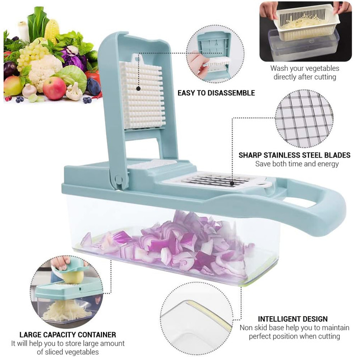Мандоліна для нарізання овочів ADOV, 12 в 1, багатофункціональна, з захистом рук, з нержавіючої сталі, для овочів, фруктів, сиру, цибулі, картоплі, Julienne, подрібнювач (блакитна)