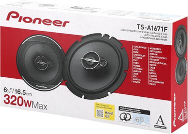 Автомобільна коаксіальна акустика Pioneer TS-A1671F 16,5 см, 3-смугові динаміки, комплект 2 шт (320 Вт макс., 70 Вт RMS), потужний звук, високий ККД, глибина встановлення 48 мм, виріз 144 мм, з ґратами