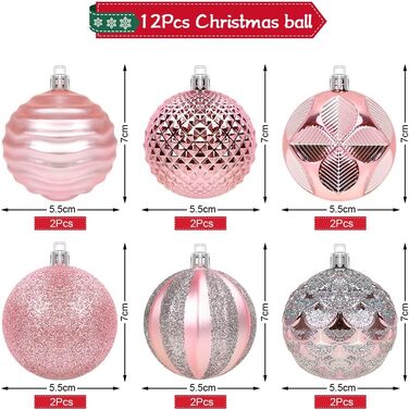 Новорічні кулі для ялинки, пластикові, 6 см, набір 12 шт. (Рожеві)