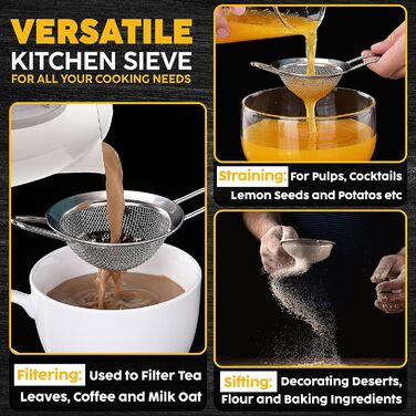 Набір сит Jojeys 3 розмірів - металеві сита з нержавіючої сталі, дрібний отвір - кухонне сито з нержавіючої сталі для приготування їжі та випічки, придатне для миття в посудомийній машині (8см)