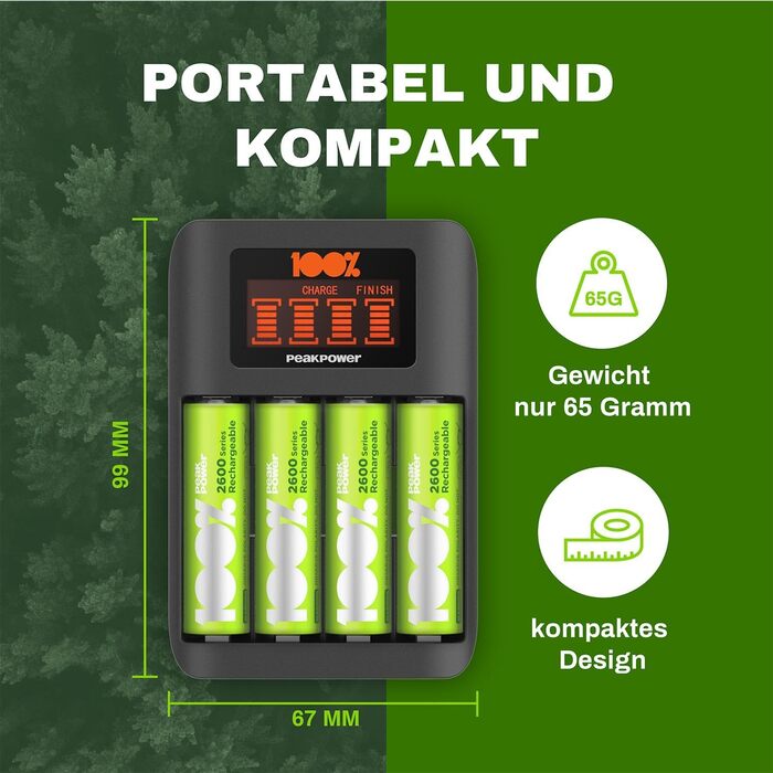 Зарядний пристрій PeakPower для акумуляторів AA AAA з 8 акумуляторами (4 x AA + 4 x AAA), захист від перерозряду, таймер безпеки, USB, пластикова упаковка, 8 слотів, швидка зарядка