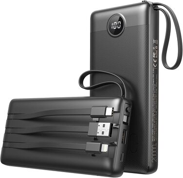 Power Bank 10000mAh з LED дисплеєм та інтегрованими кабелями. Сумісний з iPhone, iPad, Samsung, Xiaomi, Google Pixel. Чорний