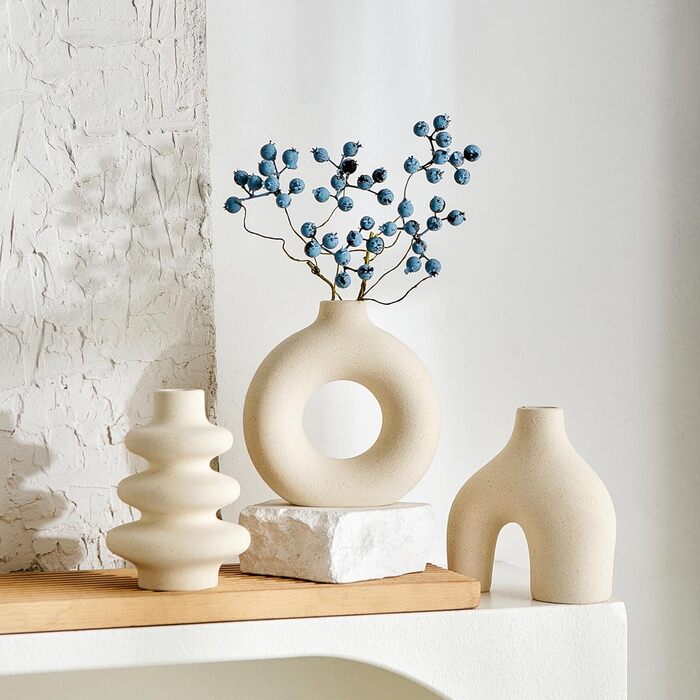 Set of 3 Ceramic Vases for Pampas Grass - Modern Round Decorative Vases for Home Decor, Wedding Centerpieces
