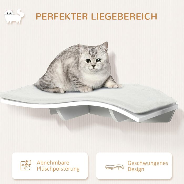 PawHut Cat Climbing Wall, Cat Hammock, Cat Bed, Wall Shelf, Wall Mount, Cat Furniture, Plush MDF, White, 53 x 28 x 12 cm