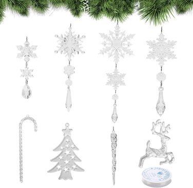 Anstore 30 Pcs Acrylic Ice Stick Snowflake Dangle Charms, Christmas Tree Crystal Decorations, Christmas Tree Ornaments Snowflake Hanging Winter Decorations for Party Wedding Christmas Decorations Transparent