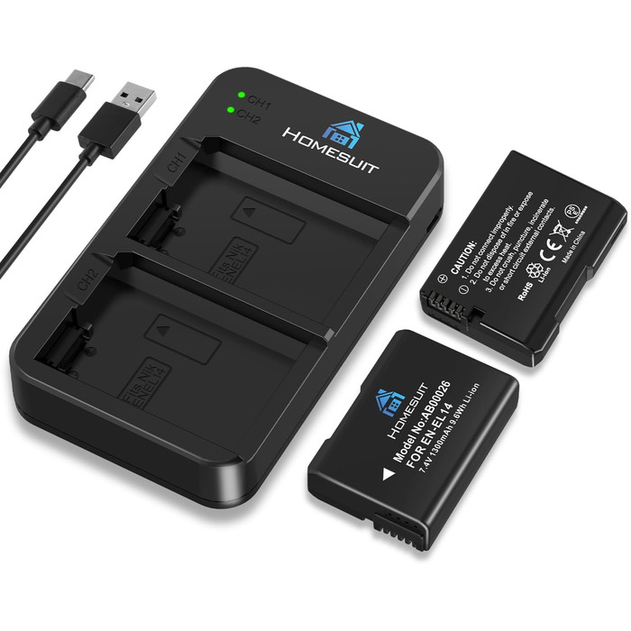 Акумулятор EN-EL14 1300mAh Homesuit + LED зарядний пристрій для Nikon D3100, D3200, D3300, D3500, D5100, D5200, D5300, D5500, D5600, Coolpix P7000, P7100, P7200, P7700, P7800 (2 шт.)