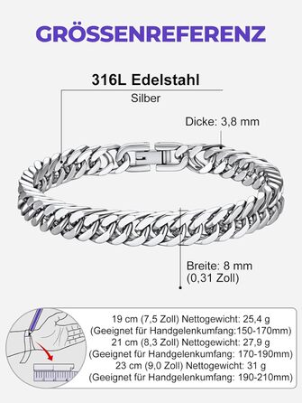 Чоловічий браслет Richsteel з нержавіючої сталі сріблястого/золотого/чорного кольору, ширина 8/12/17 мм, довжина 19/21/23 см, кубинський ланцюг, подарункова коробка. (23 см, 8 мм, срібло)