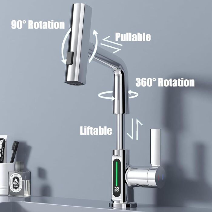 Кран кухонний з витяжною лійкою, 3 режими, LED-індикатор температури, однорідний змішувач, поворот на 360°, кран для мийки, кран кухонний, високий тиск, регульована висота (хром)