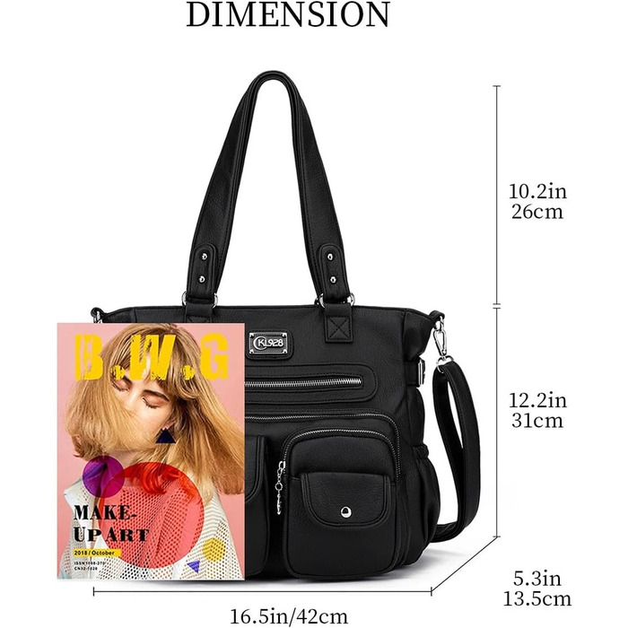 Сумка жіноча KL928 через плече, велика, чорна, PU шкіра, з багатьма відділеннями