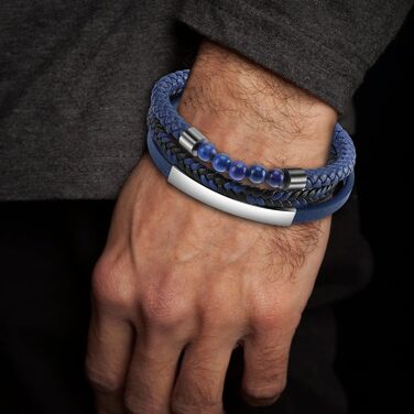 Браслет чоловічий шкіряний плетений Lederarmband з магнітною застібкою (синьо-срібний, 18.5 см)