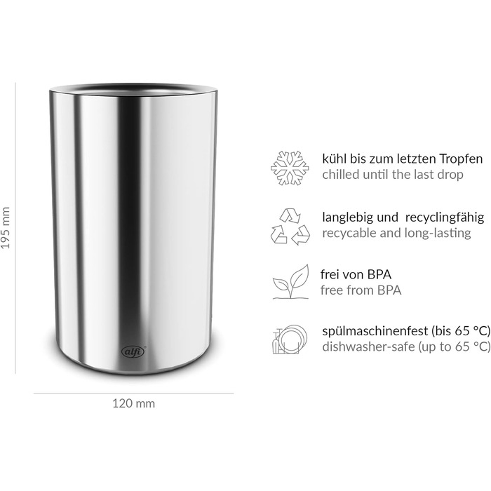 alfi SECCO, stainless steel bottle cooler for 0.70 to 1l bottles, wine, sparkling wine. Keeps drinks cool without condensation or ice cubes, ensuring chilled drinks to the very last drop. Dishwasher-safe, BPA-free (Polished stainless steel, cylindrical)