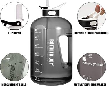 Water bottle with straw, 1 Gallon / 3.5L BPA-Free Leak-Proof Plastic Sports Bottle, Water Bottle with Time Markers, Drinking Bottle for Fitness, Office, Outdoor, Home (Black, 2500 ml)