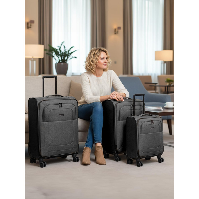 Набір валіз REDOLZ 3 шт. для жінок та чоловіків | Легкі та стійкі дорожні ролери, якісний м'який кейс, 4 подвійні колеса та TSA-замок | Розширюваний з еластичними складками (Essentials 12) Чорний набір валіз (3 шт.) 3-колісний розширюваний