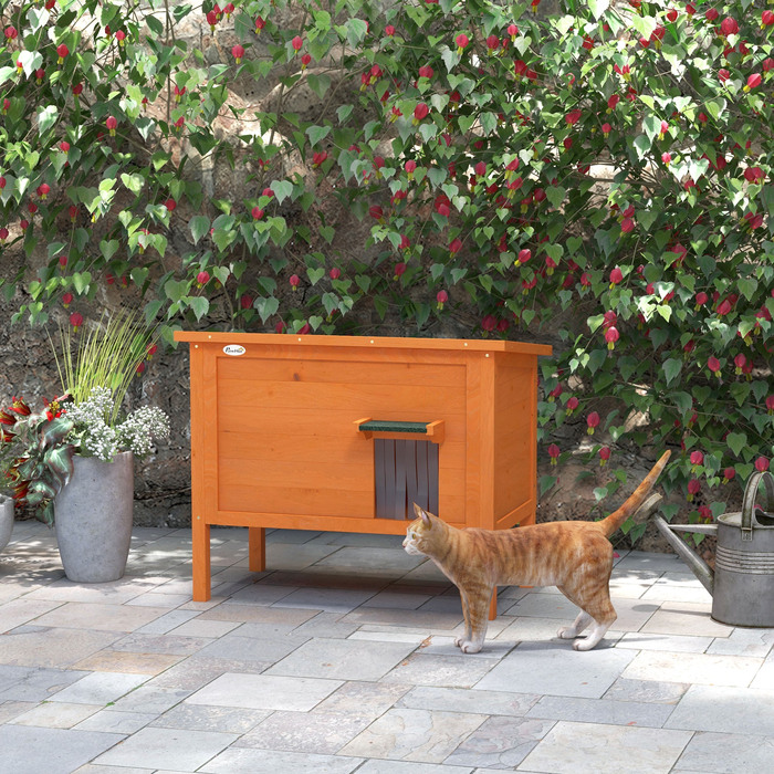 PawHut Wooden Cat House with Door Curtain, Outdoor, Insulated, Elevated Design, for Small Animals, Orange, 60x60x81.5cm | Aosom