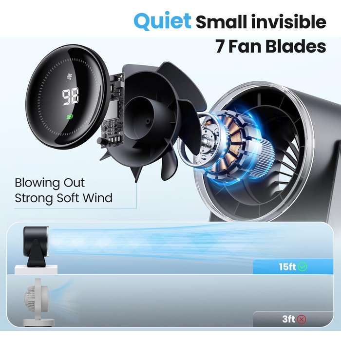 Вентилятор WSKEN з акумулятором - турбо режим, цифровий дисплей, 100 швидкостей, портативний настільний вентилятор, 115° обертання, потужний потік повітря, тиха робота, міні вентилятор для офісу, на вулицю, блакитний/чорний