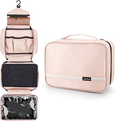 Сумка для косметики Maliton з підвішуванням, водонепроникна | Велика дорожня сумка для подорожей, ділових поїздок, спорту, плавання | Косметичка для жінок та чоловіків з 4 відділеннями, складна та компактна (Рожева)